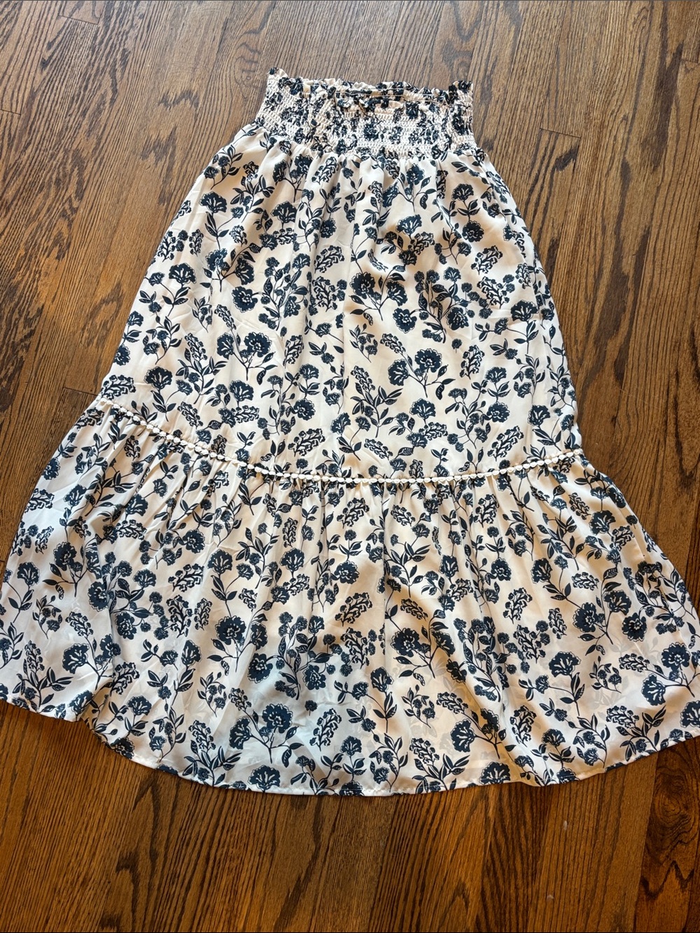 Smocked-Waist Floral Maxi Skirt in Cream and Navy